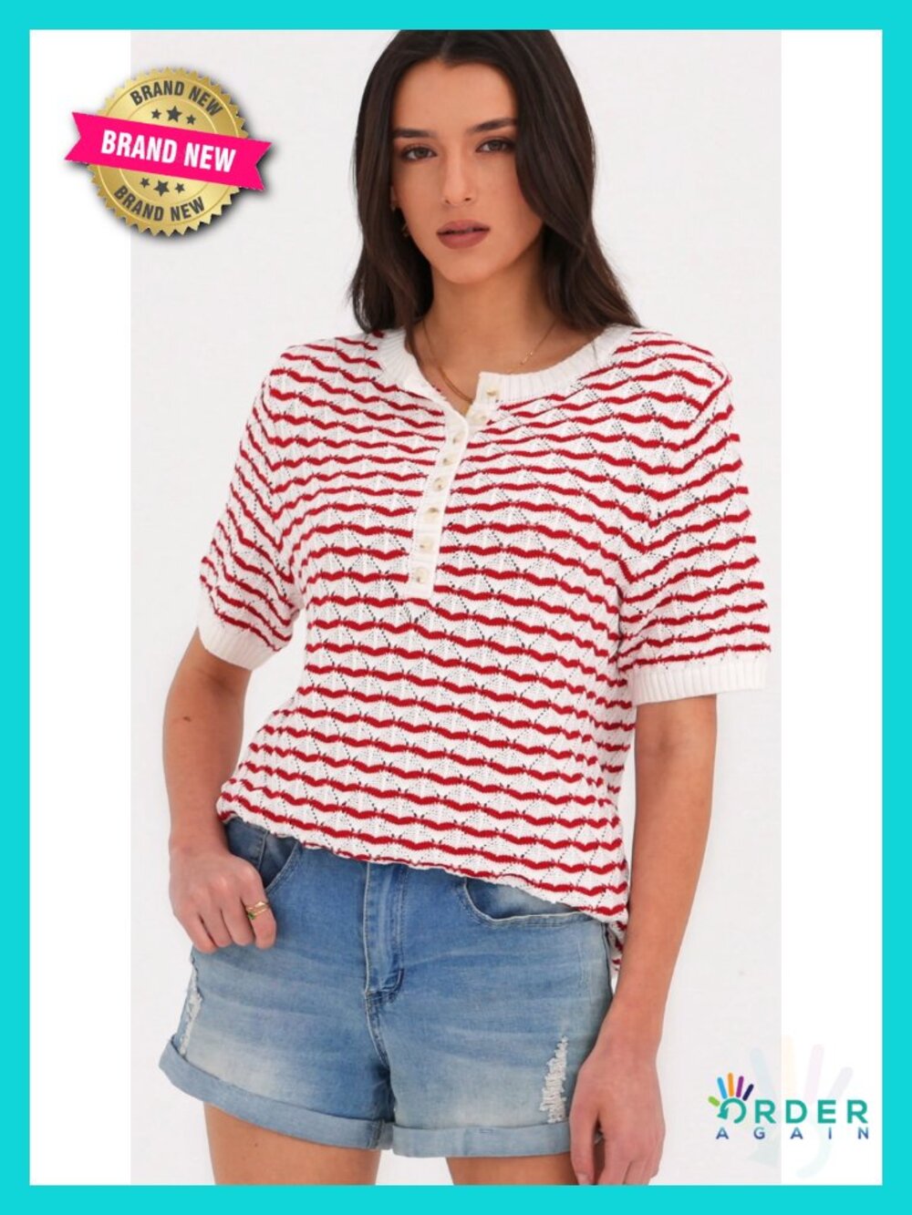 PRETTYGARDEN Womens Summer Striped Short Sleeve Sweater Button Henley Top - Picture 6 of 6